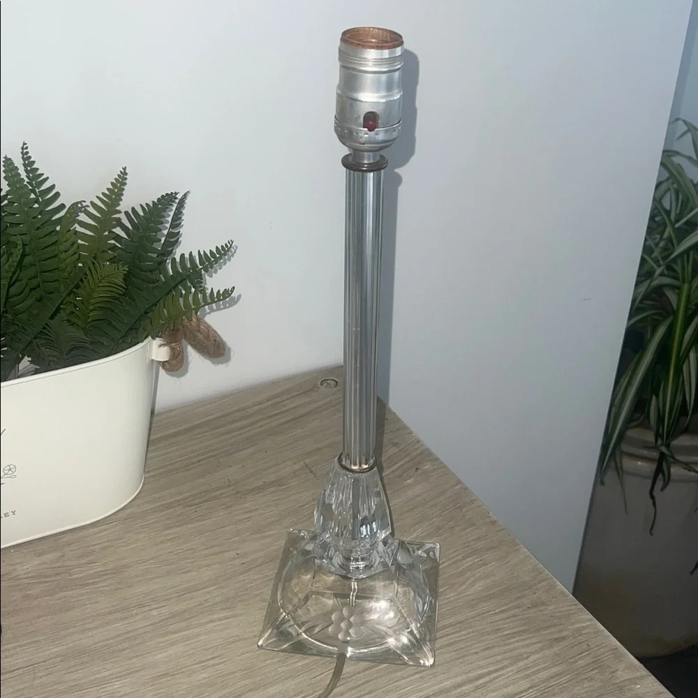 Vintage Clear Cut Glass Lamp Base with etching. All glass 15”
